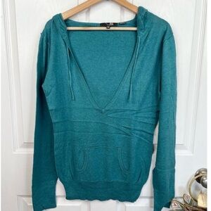 Full Tilt Hooded Top Long Sleeve Size M Teal Green Pullover Casual Deep V-Neck